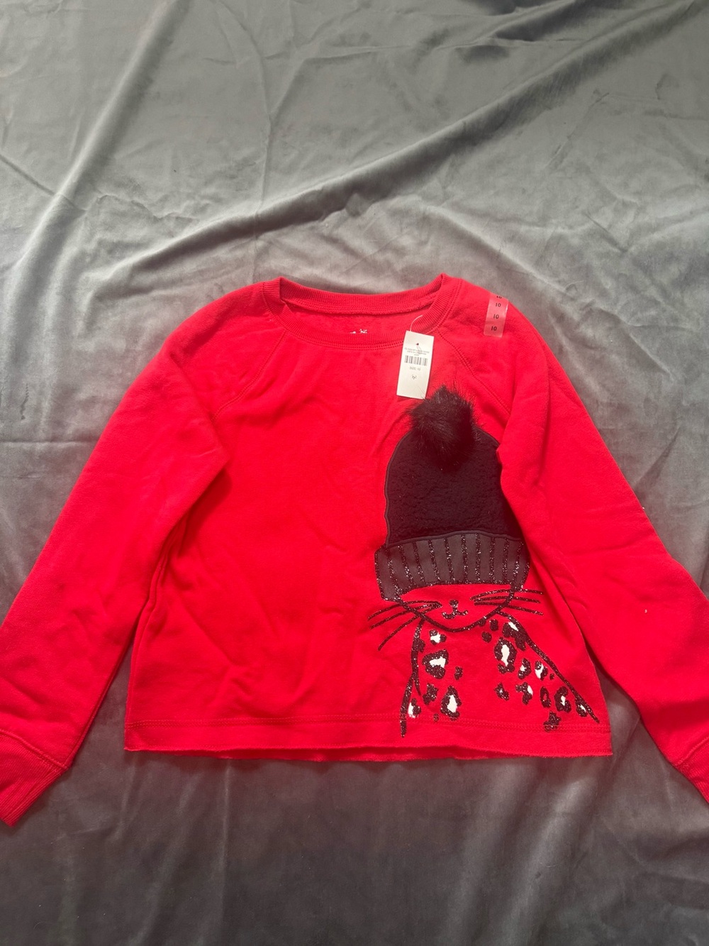 Justice Girls Size 10 Red Cat Graphic Pullover Sweatshirt w/ Pockets Faux Fur